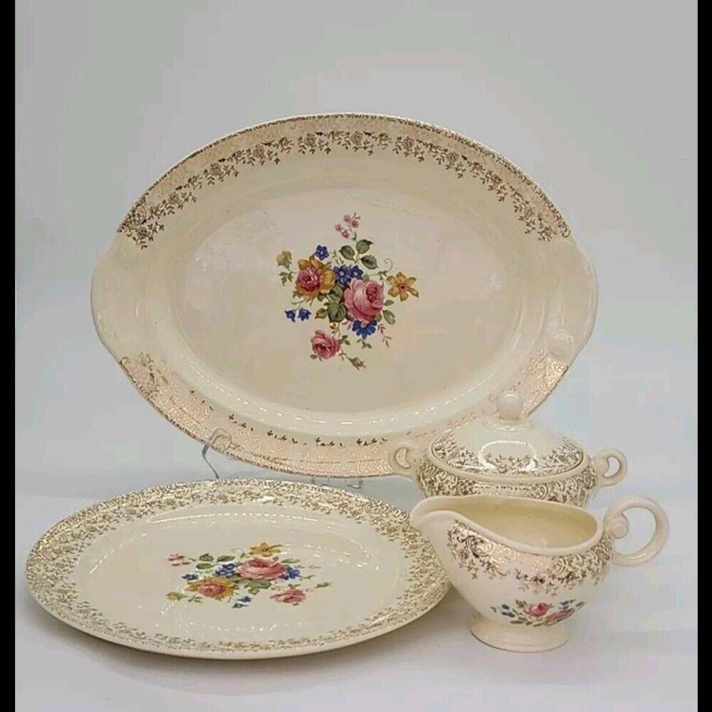 Vintage Taylor Smith & Taylor TST124 4-Pc Set 1940's Platter Sugar And Cream